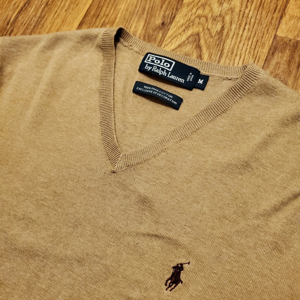 Vtg Polo Ralph Lauren Sweater Men Medium Brown V-Neck Pima Cotton Golf‎